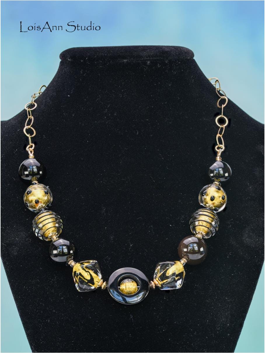 Black Murano Glass Necklace: 24kt Gold Foil, 14kt Gold Filled Chain