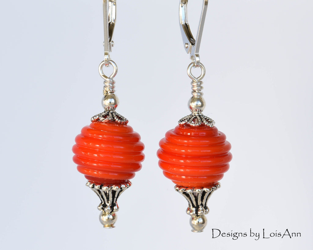 Lampwork Earrings, Orange, Handmade Beads, Sterling Silver Lever Back Ear Wires