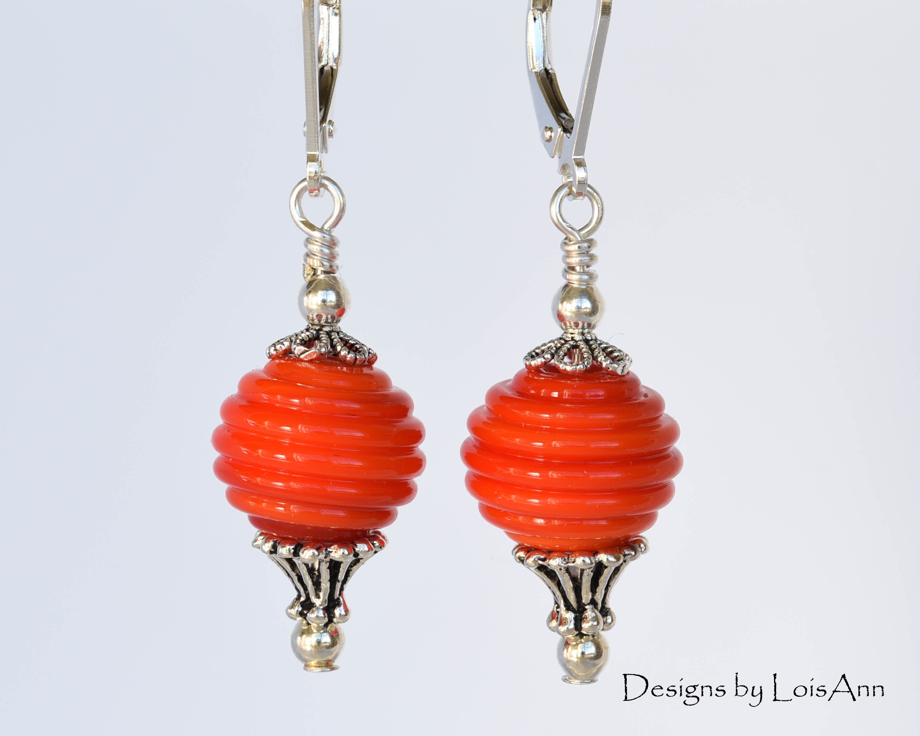 Lampwork Earrings, Orange, Handmade Beads, Sterling Silver Lever Back Ear Wires