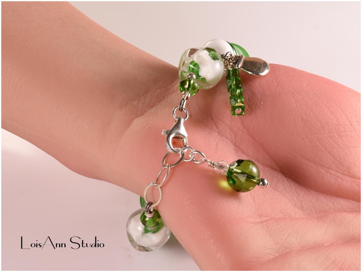 Lucky Lampwork Bracelet, Green and White, One of a Kind, St. Patrick's Day, Sterling Silver