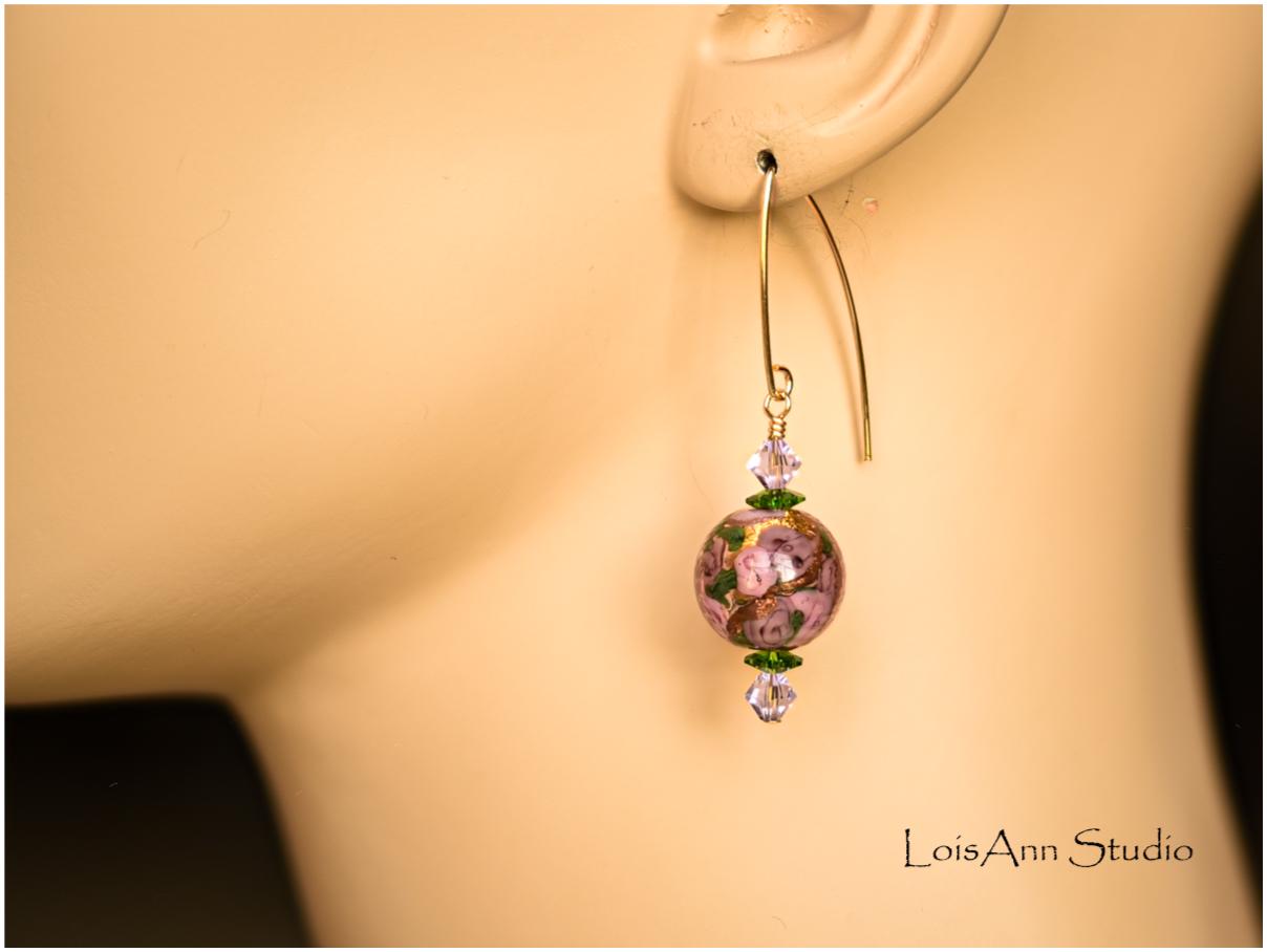 Murano Glass Rose Earrings: Swarovski Crystal, 14K Gold Filled