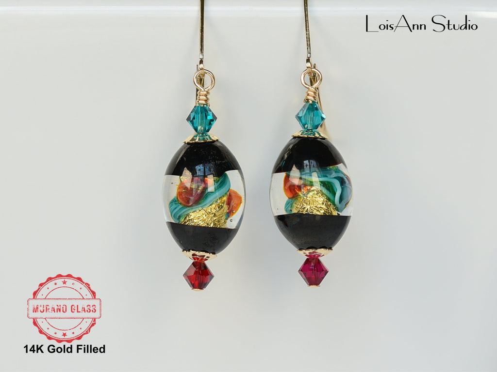 Artisan Earrings, Glass Jewelry, Fuchsia Pink, Teal, 14kt Gold Filled, Gift Ready