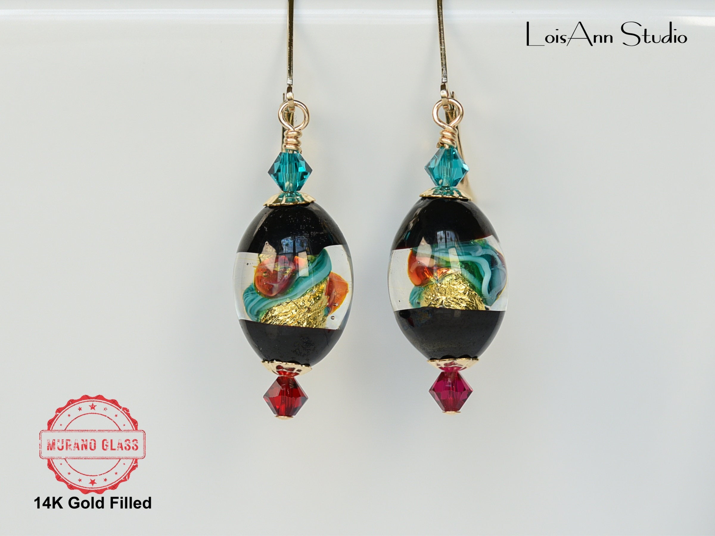 Artisan Earrings, Glass Jewelry, Fuchsia Pink, Teal, 14kt Gold Filled, Gift Ready