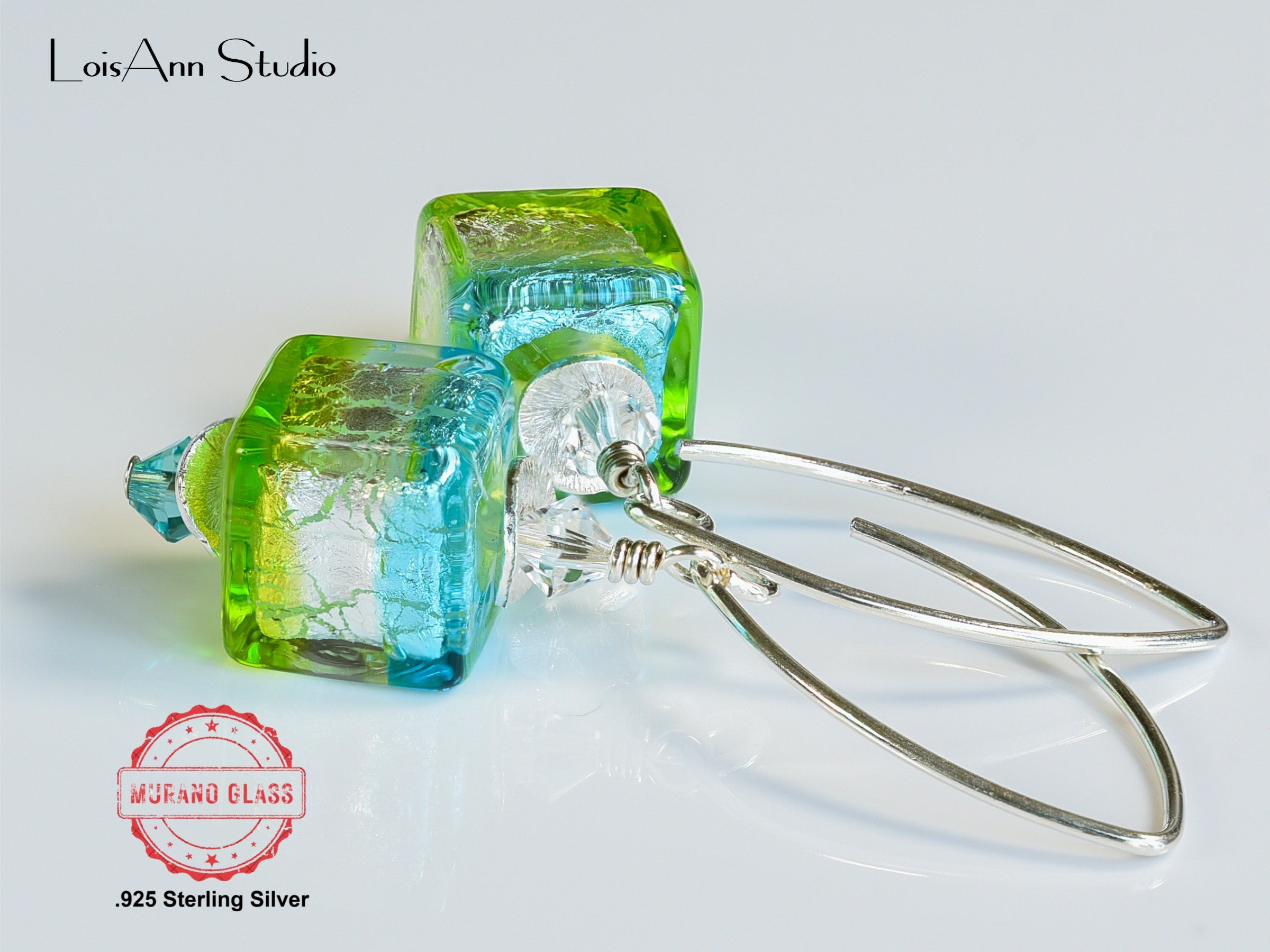 Lampwork Murano Glass Earrings: Aqua Lime Green Sterling Silver