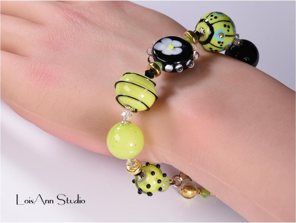 Lime Green Lampwork Glass Bracelet: 14kt Gold Filled, Artisan OOAK Jewelry