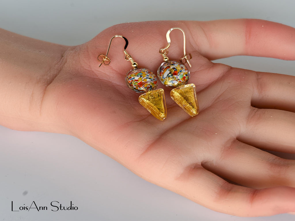 Murano Multi Color Earrings, Klimt Style, Beaded, 14kt Gold Filled, Gift for Her