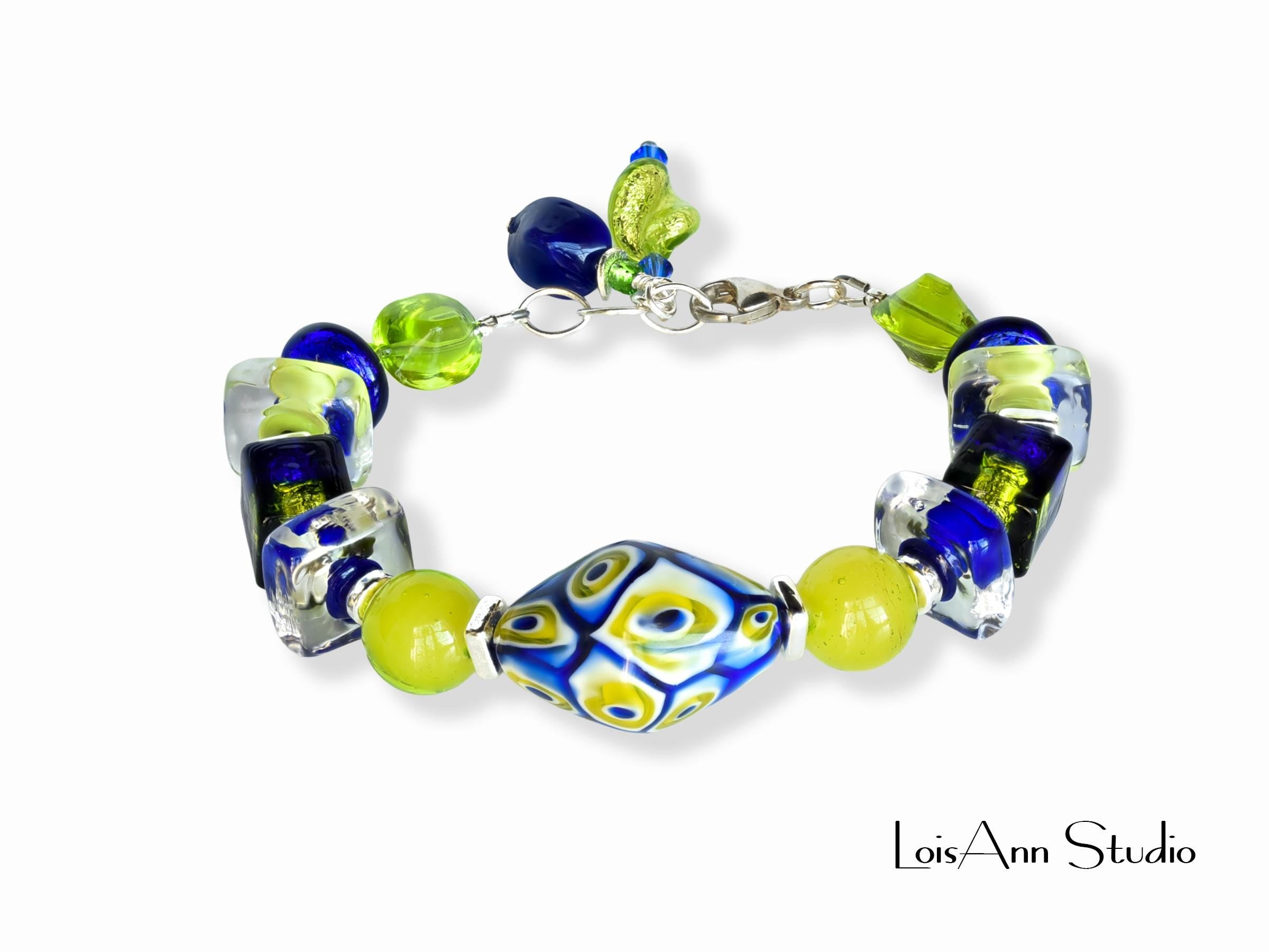 Chunky Venetian Millefiori Beaded Bracelet:  Lime Green and Cobalt Blue, Adjustable Sterling Silver