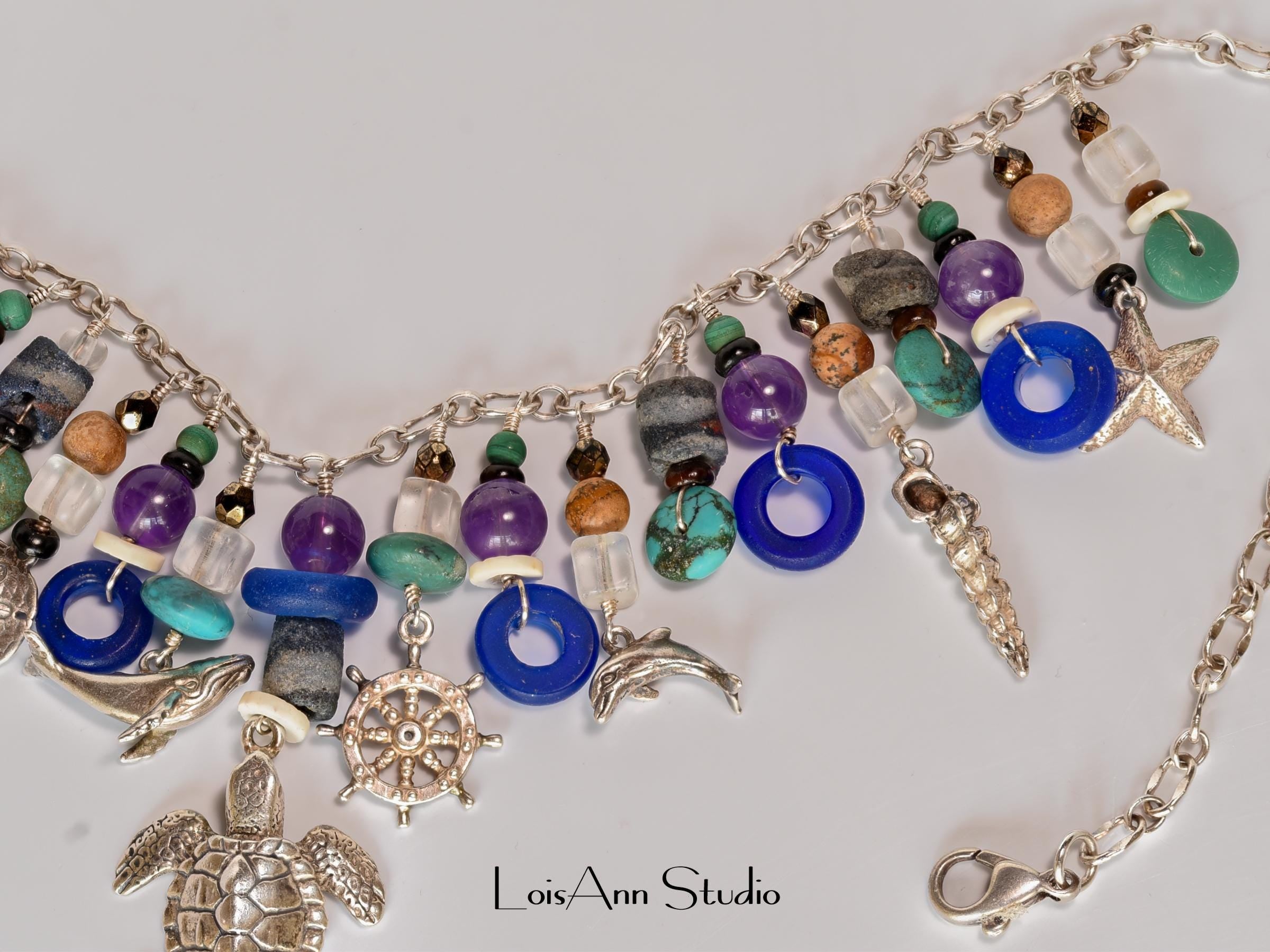 Vintage Charm Necklace:  Sterling Silver, Semi Precious Beads, One of a Kind, Unique Necklace