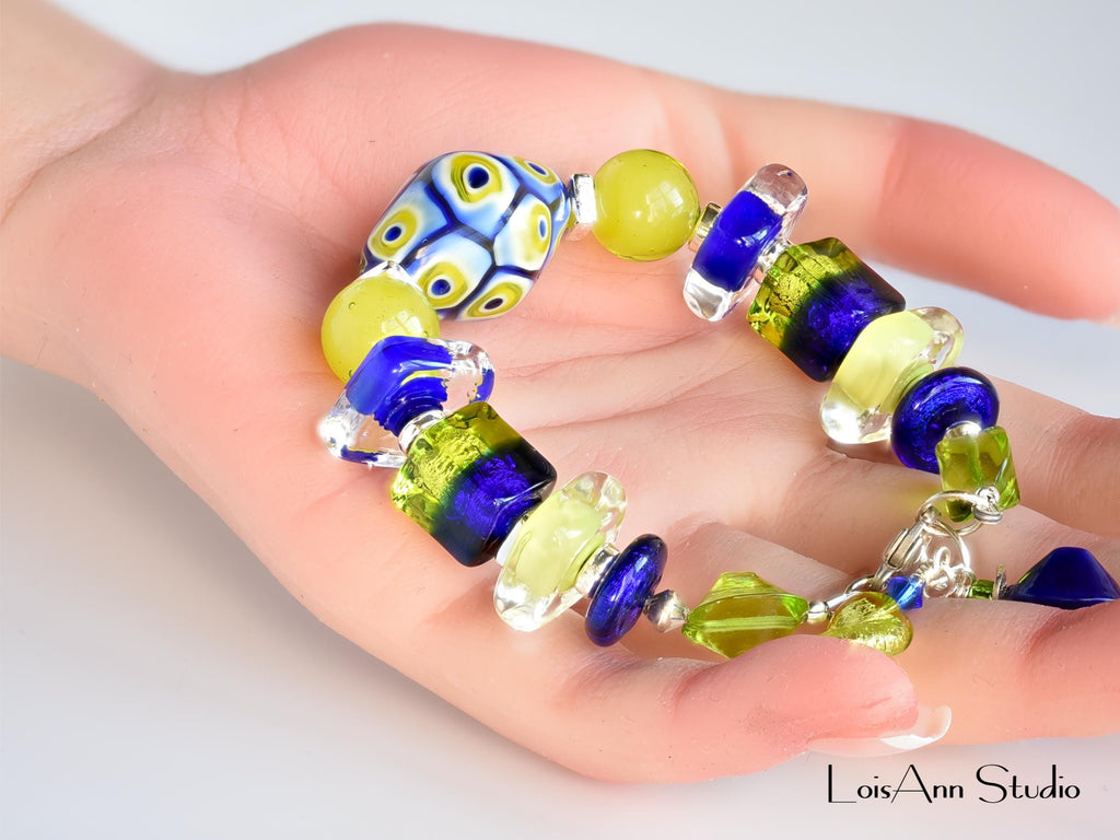 Chunky Venetian Millefiori Beaded Bracelet:  Lime Green and Cobalt Blue, Adjustable Sterling Silver