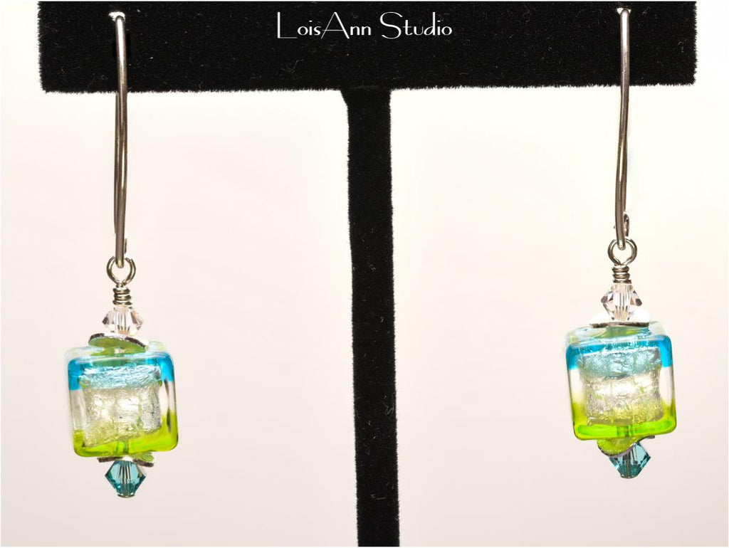 Lampwork Murano Glass Earrings: Aqua Lime Green Sterling Silver
