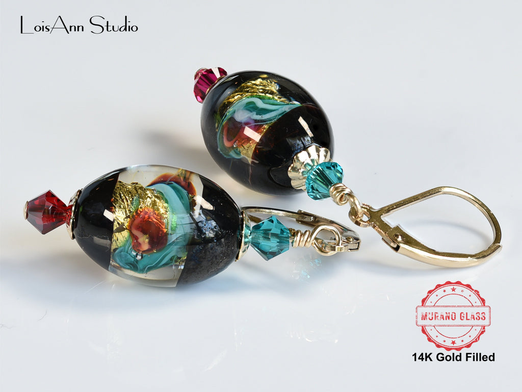 Artisan Earrings, Glass Jewelry, Fuchsia Pink, Teal, 14kt Gold Filled, Gift Ready