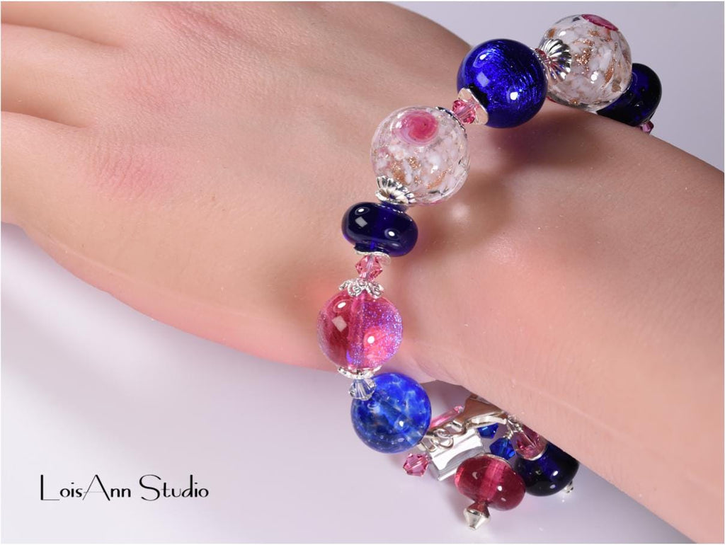 Lampwork Murano Glass Bracelet: Cobalt Blue, Pink, Sterling Silver