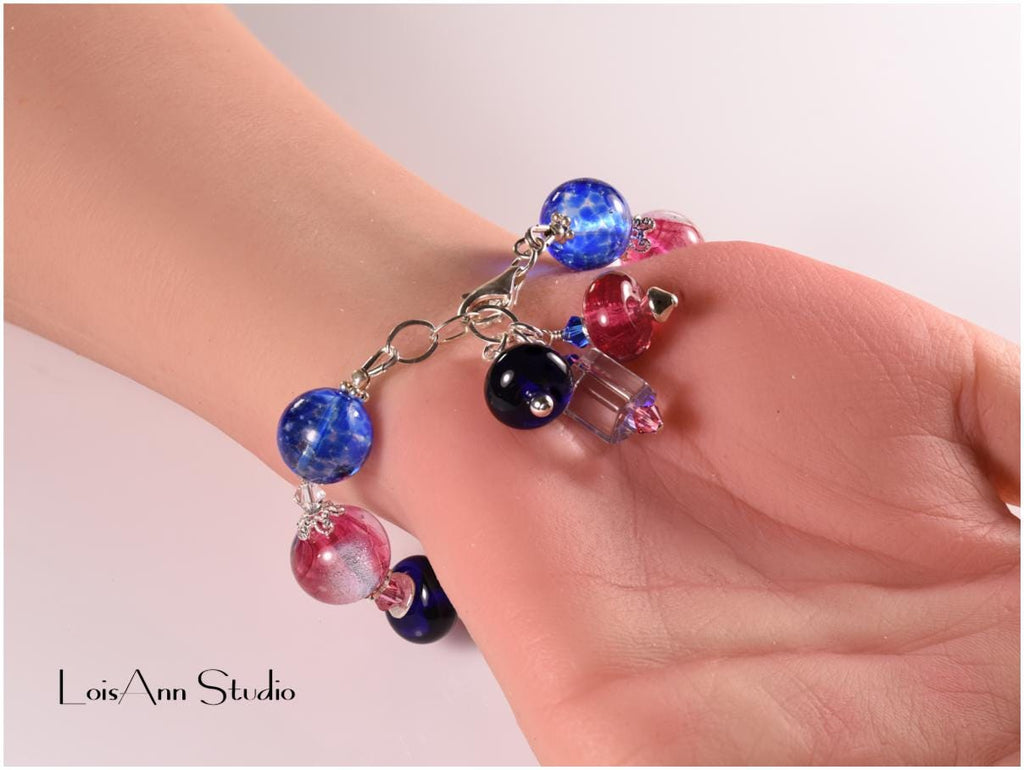 Lampwork Murano Glass Bracelet: Cobalt Blue, Pink, Sterling Silver
