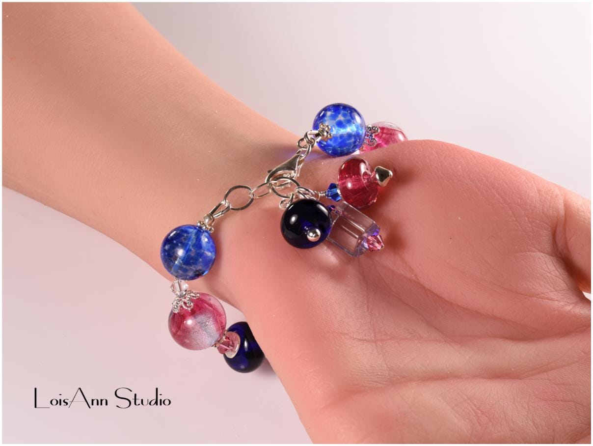 Lampwork Murano Glass Bracelet: Cobalt Blue, Pink, Sterling Silver