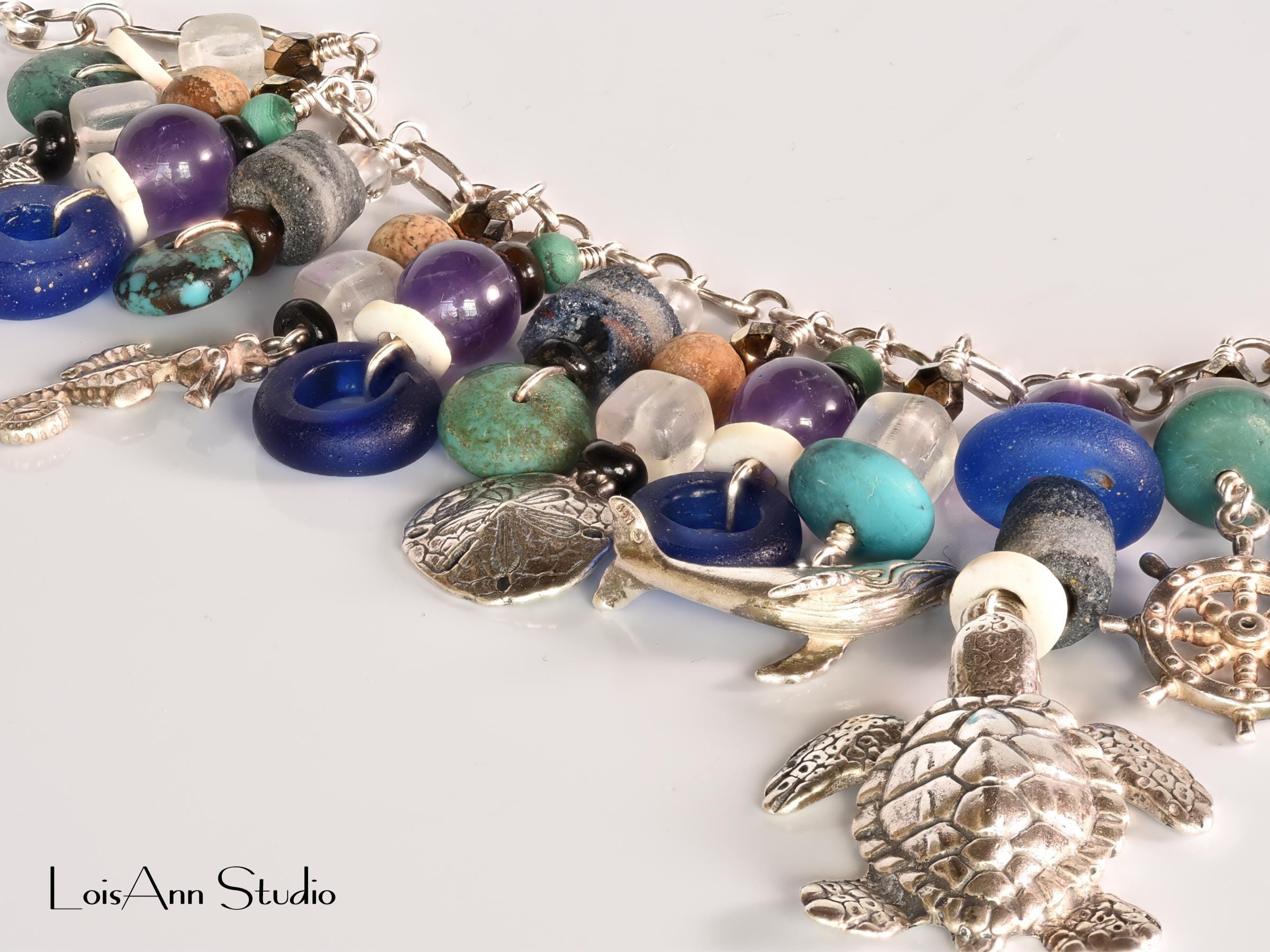 Vintage Charm Necklace:  Sterling Silver, Semi Precious Beads, One of a Kind, Unique Necklace