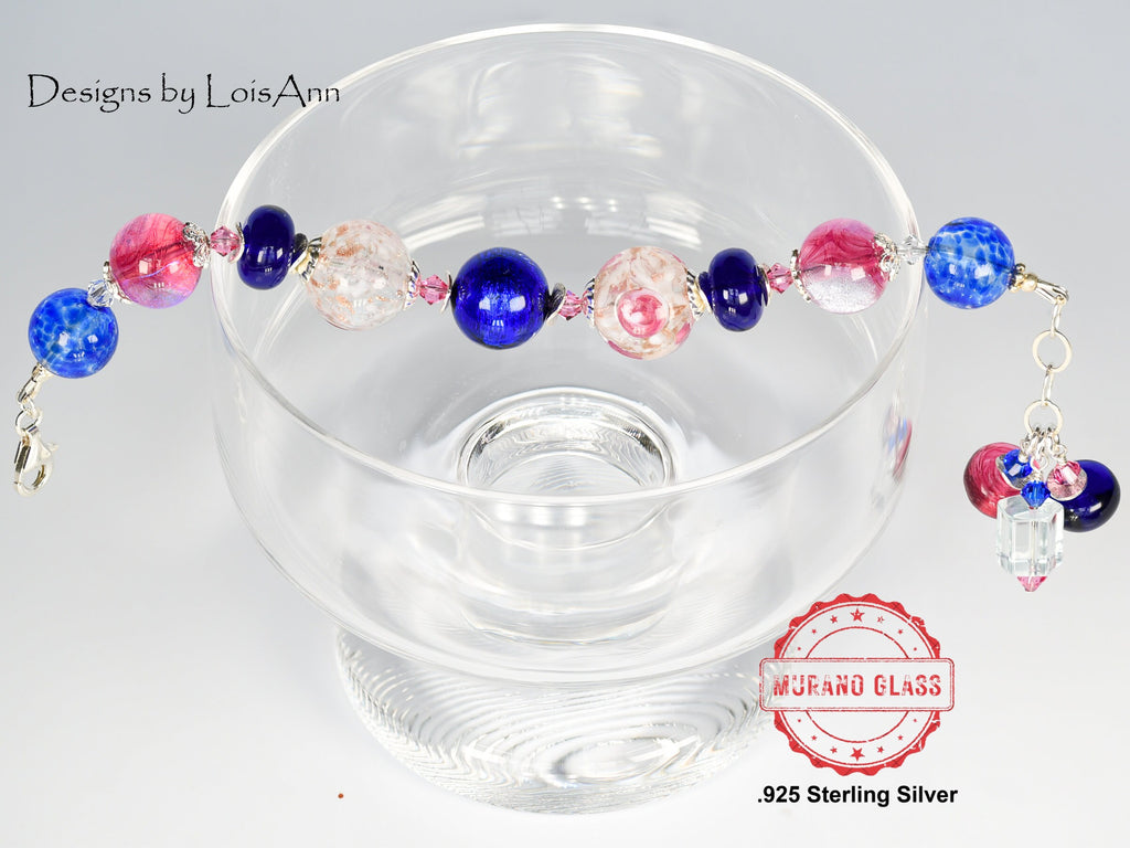 Lampwork Murano Glass Bracelet: Cobalt Blue, Pink, Sterling Silver