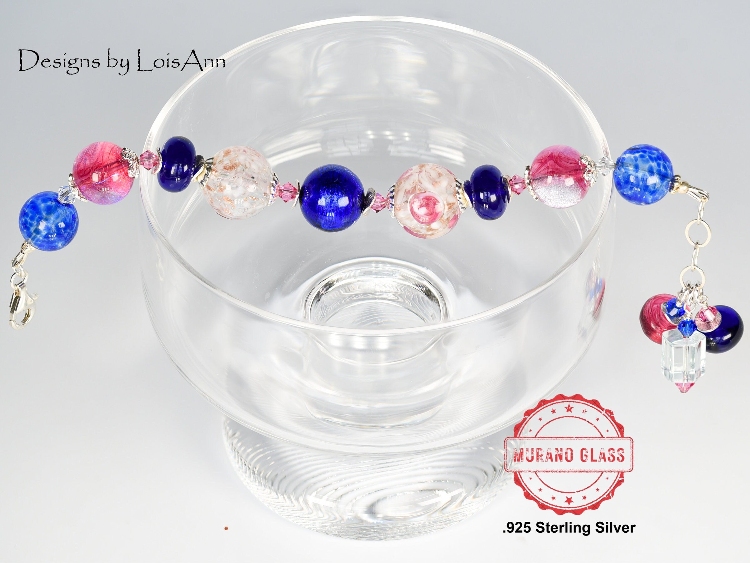 Lampwork Murano Glass Bracelet: Cobalt Blue, Pink, Sterling Silver