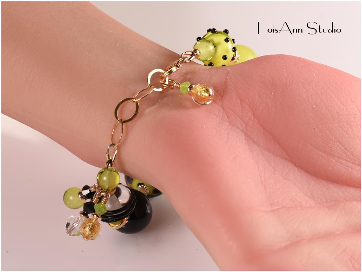 Lime Green Lampwork Glass Bracelet: 14kt Gold Filled, Artisan OOAK Jewelry