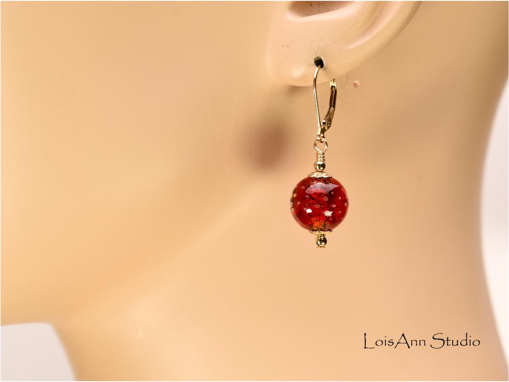 Red Murano Bollicine Glass Earrings, Lampwork Beads, 14kt Gold Filled