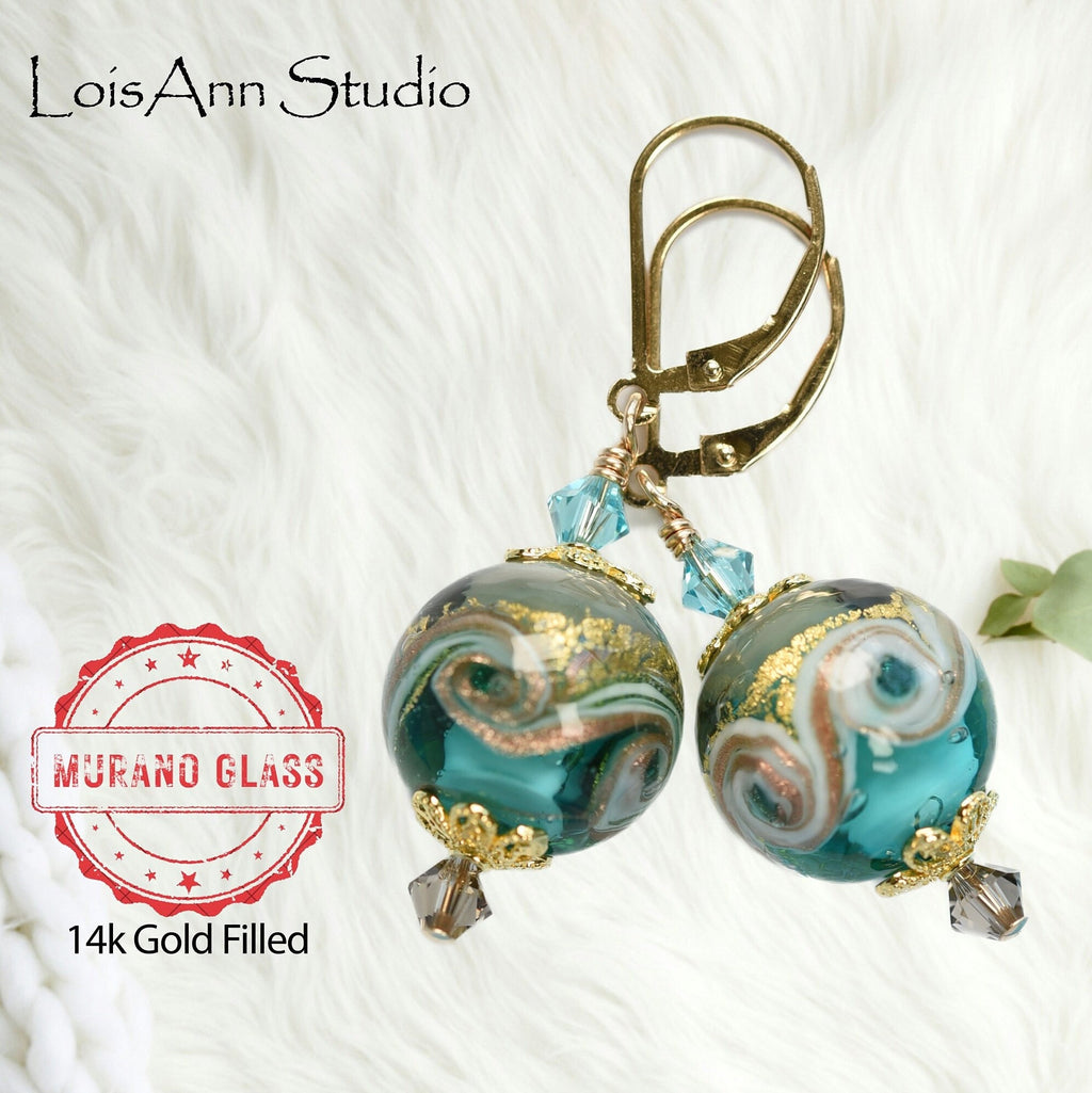 Murano Glass Lampwork Earrings: Sea Green & Smokey Gray, 14kt Gold Filled, Gift for Her