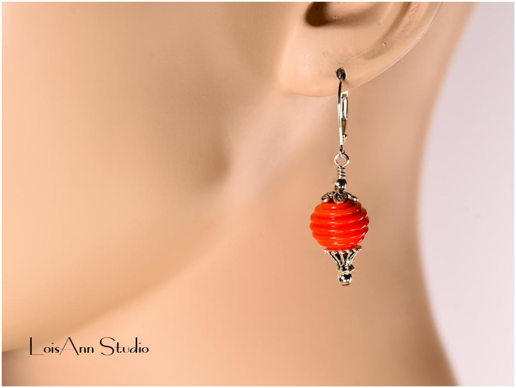 Lampwork Earrings, Orange, Handmade Beads, Sterling Silver Lever Back Ear Wires