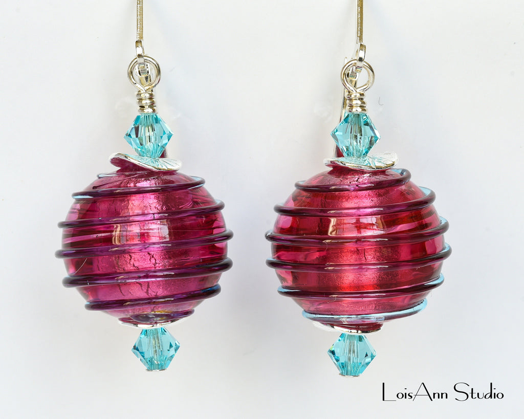 Pink & Aqua Murano Glass Earrings, Sterling Silver Lever Backs
