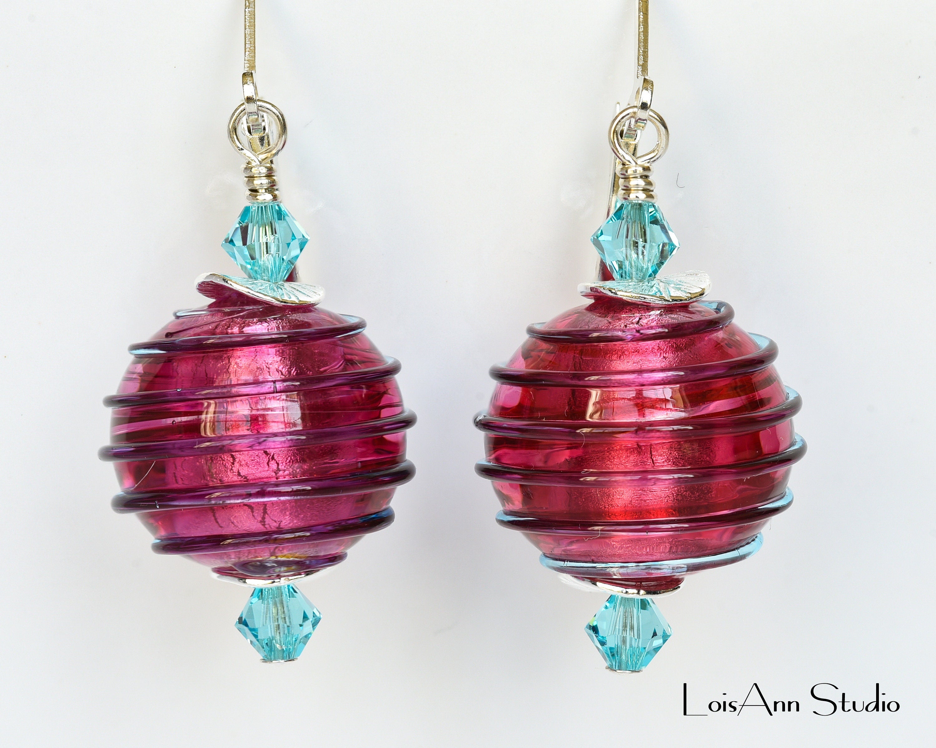 Pink & Aqua Murano Glass Earrings, Sterling Silver Lever Backs