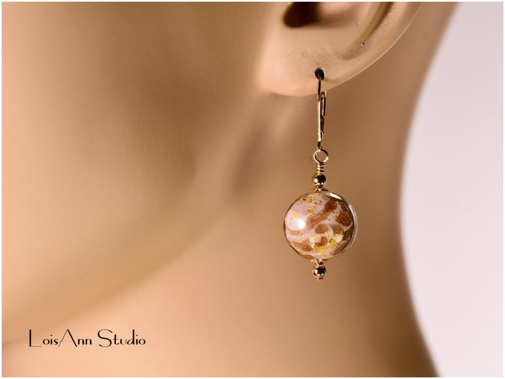 Murano Glass Pink Marble Earrings, Lampwork Beads, Venetian Murano, 14kt Gold Filled Ear Wires
