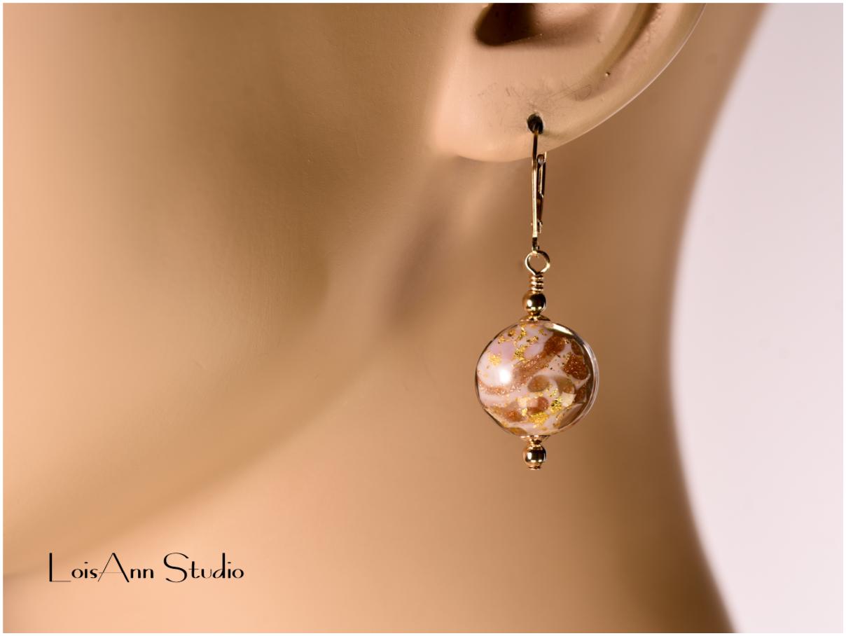 Murano Glass Pink Marble Earrings, Lampwork Beads, Venetian Murano, 14kt Gold Filled Ear Wires