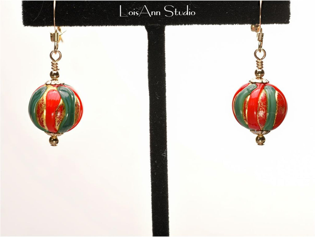 Murano Glass Christmas Earrings: Red Green Gold, 14kt Gold Filled