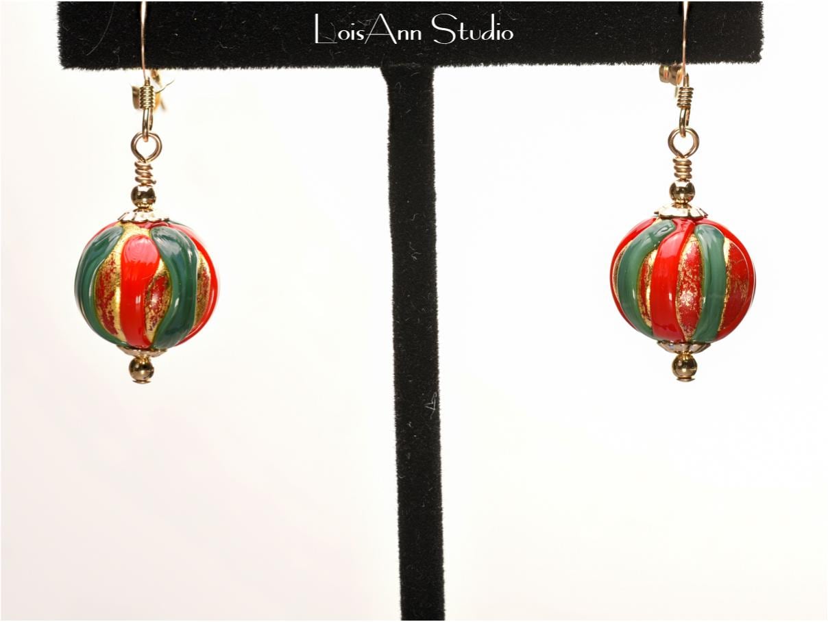 Murano Glass Christmas Earrings: Red Green Gold, 14kt Gold Filled