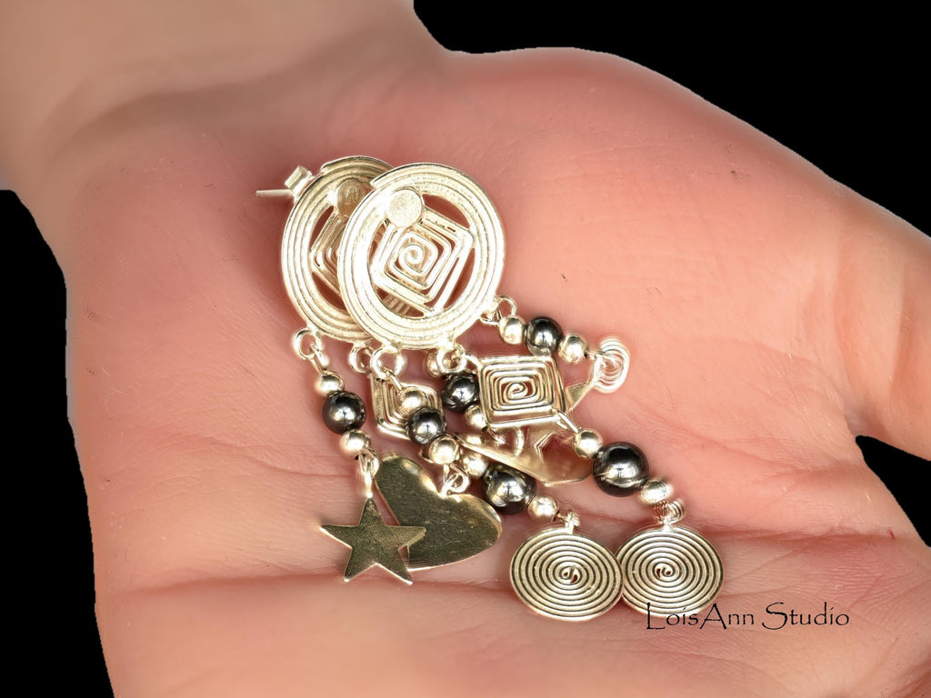 Sterling Silver Chandelier Earrings: Hematite Beads & Dangle Charms