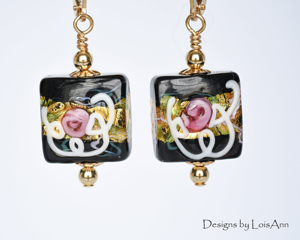 Petite Black Murano Glass Earrings: 14kt Gold Filled, Venetian Rose