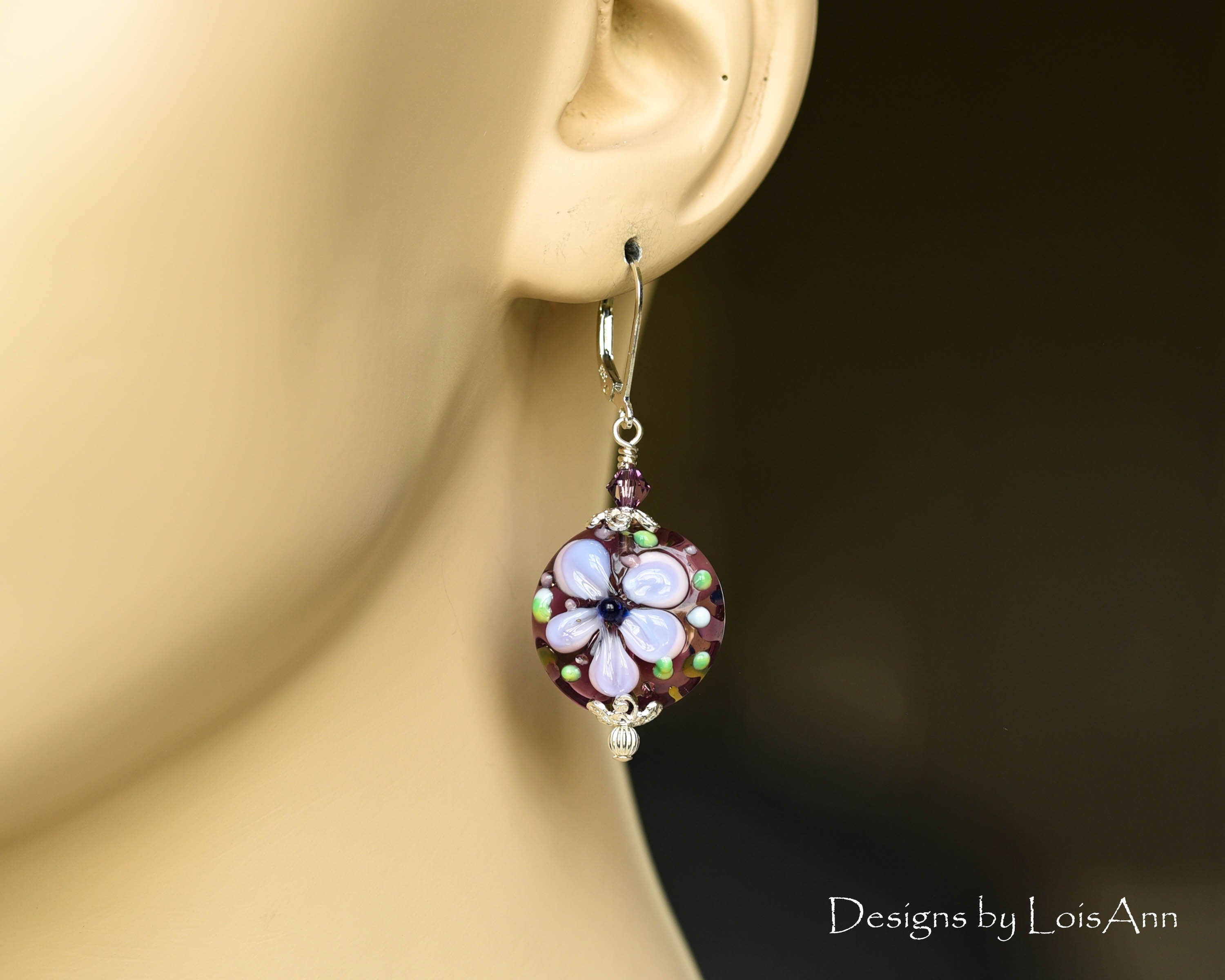 Purple Lampwork Earrings, Artisan Raised Flower Beads, Sterling Silver Earrings
