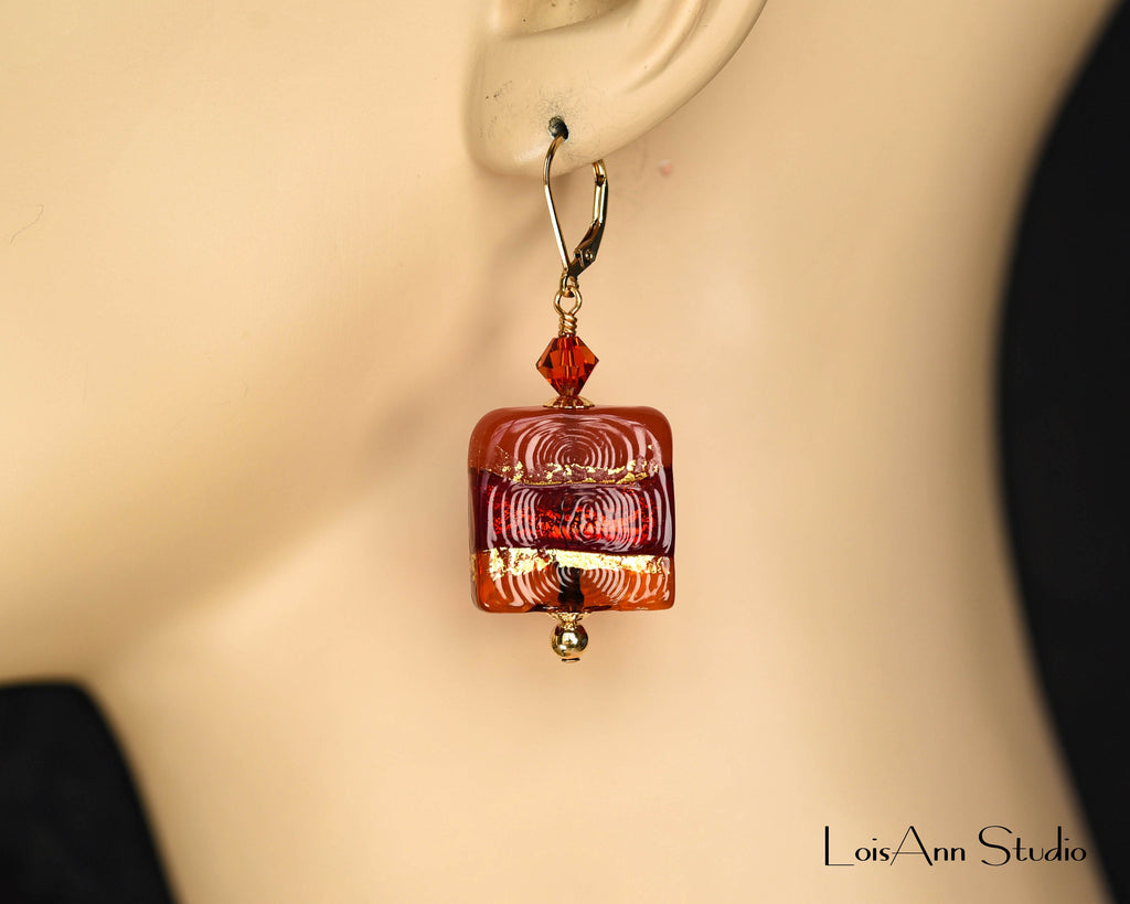 Dark Amber Tricolor Square Murano Beaded Earrings, 14kt Gold Filled