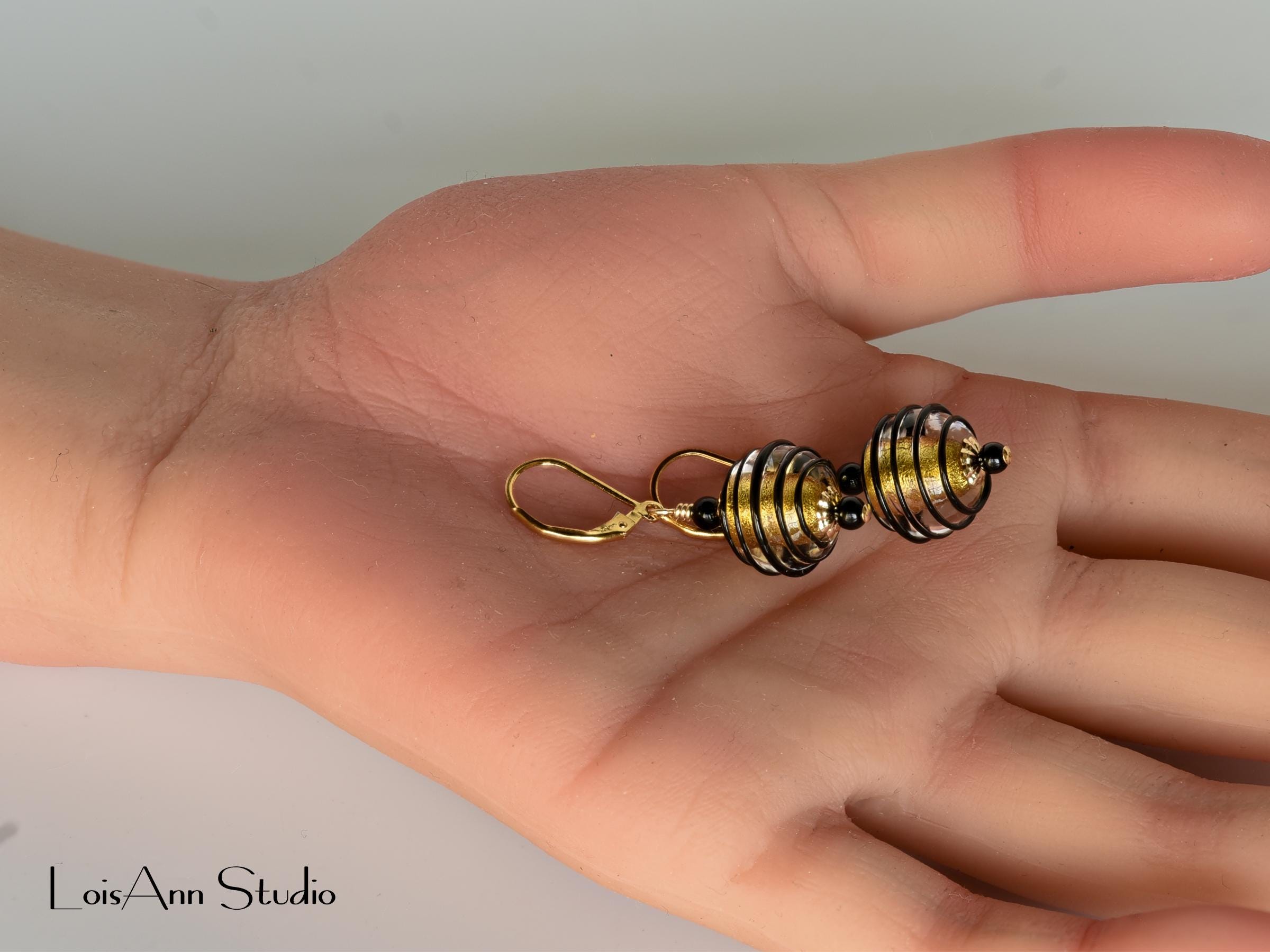 1-1/2 Inch Black and Gold Lampwork Beaded Earrings, Venetian Murano Glass