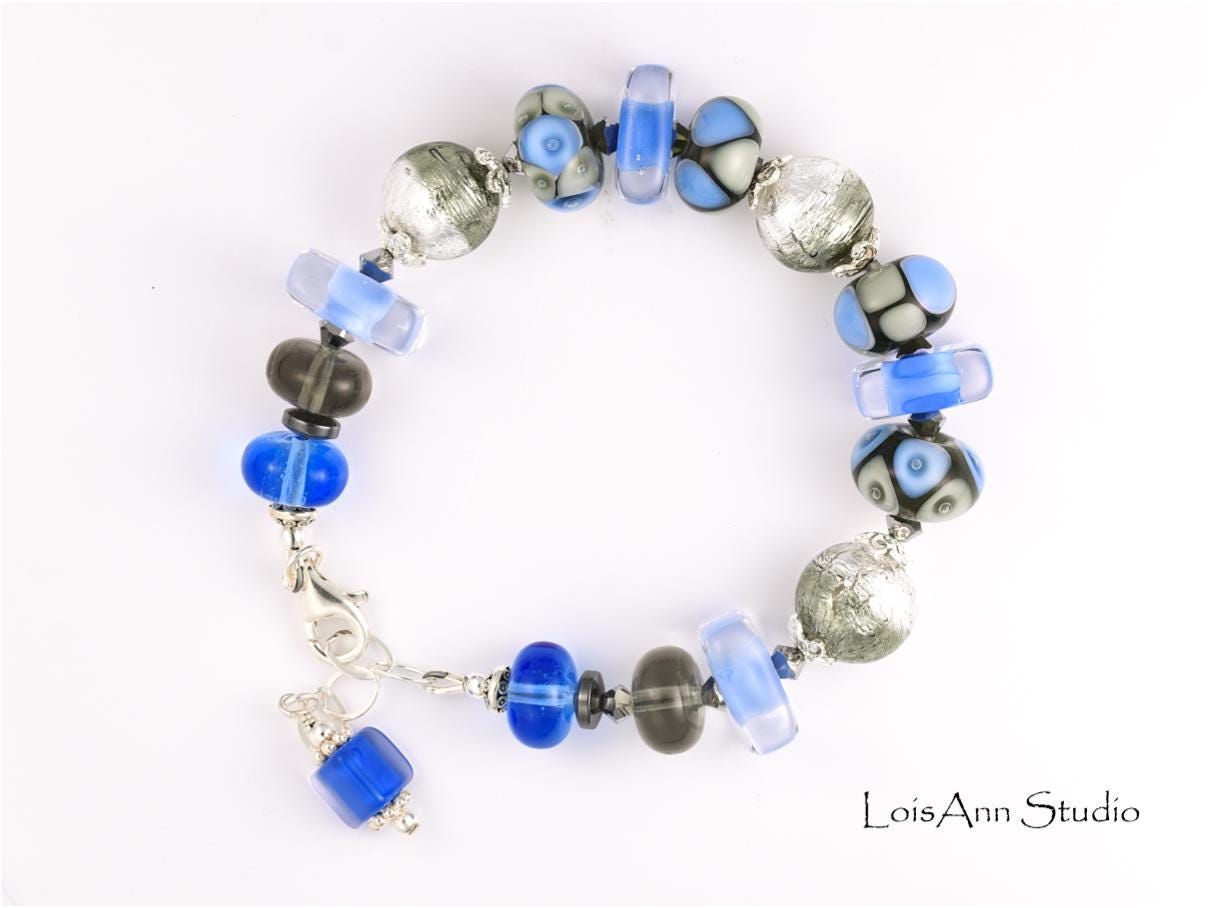 Blue Lampwork Glass Bracelet: Sterling Silver, Adjustable Artisan Jewelry