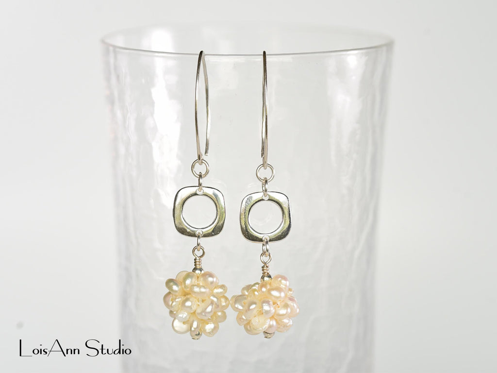 Pearl Cluster Sterling Earrings: White Freshwater Pearl Earrings, Dangling Pearl Drop Earrings, Gift for Her