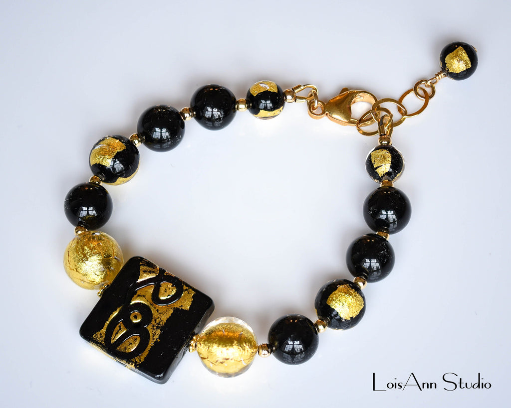 Murano Glass Bracelet, Black and Gold, 14kt Gold Filled, Adjustable