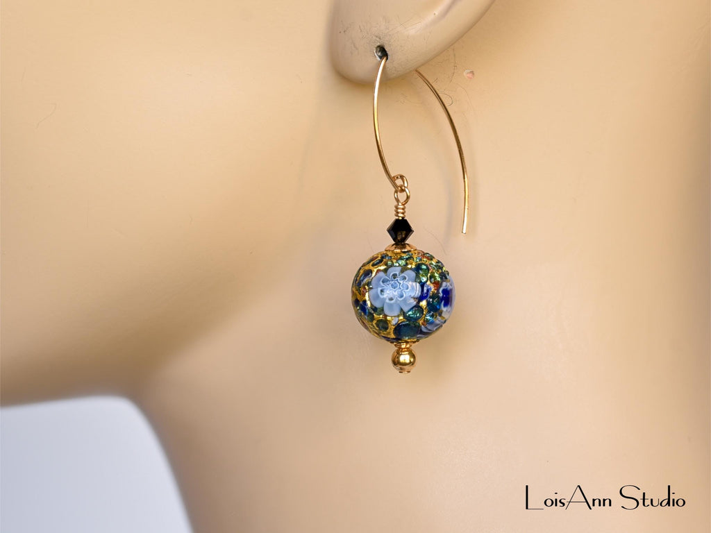Murano Glass Millefiori Earrings:  Blue and Gold Foil, Art Glass Beaded Earrings, 14K Gold Filled Ear Wires