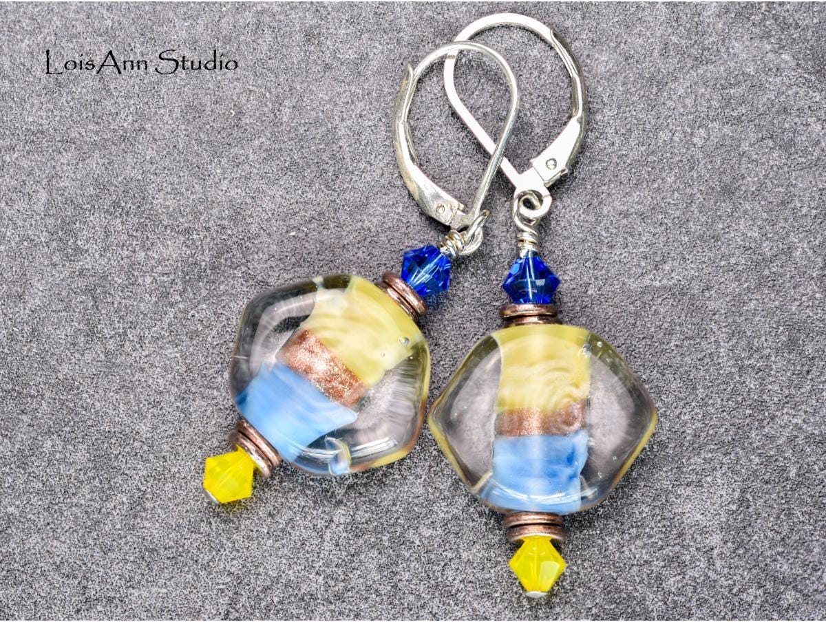 Lampwork Glass Earrings: Yellow, Blue, Sterling Silver Leverbacks