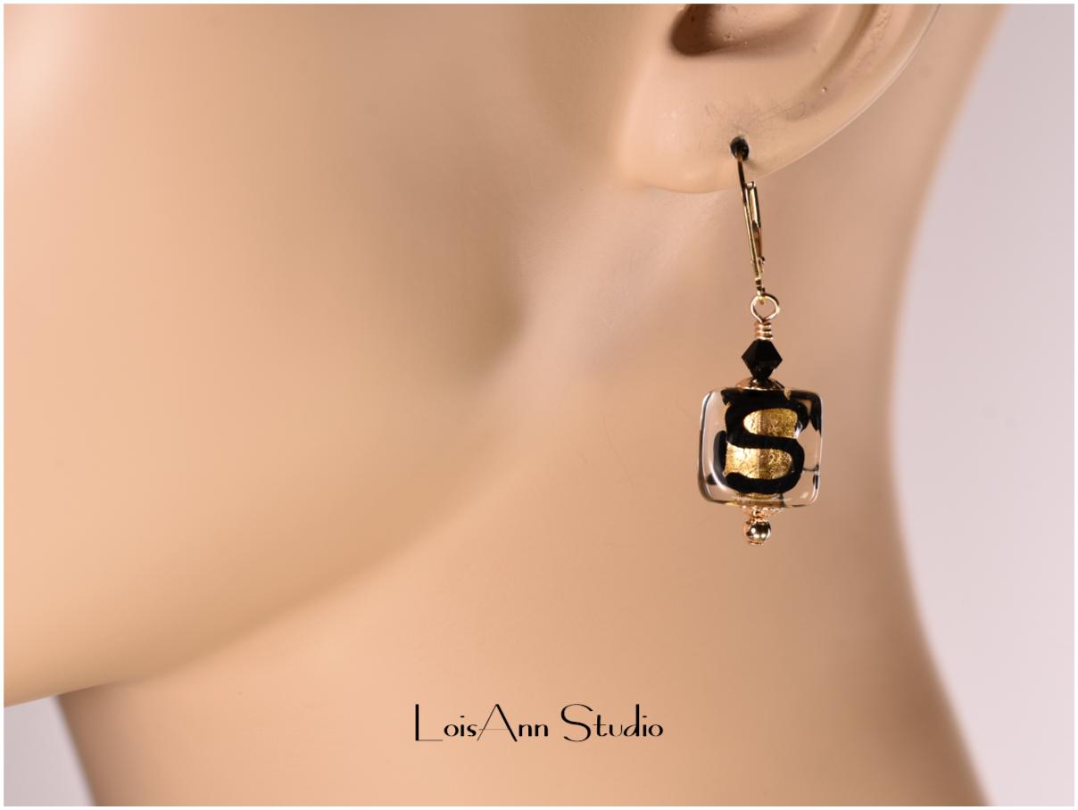 Murano Glass Earrings: 24kt Gold & Black, 14kt Gold Filled Leverbacks