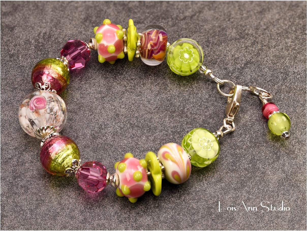Lime Green Lampwork Glass Bracelet: Pink Murano Flower, Sterling Silver, Adjustable