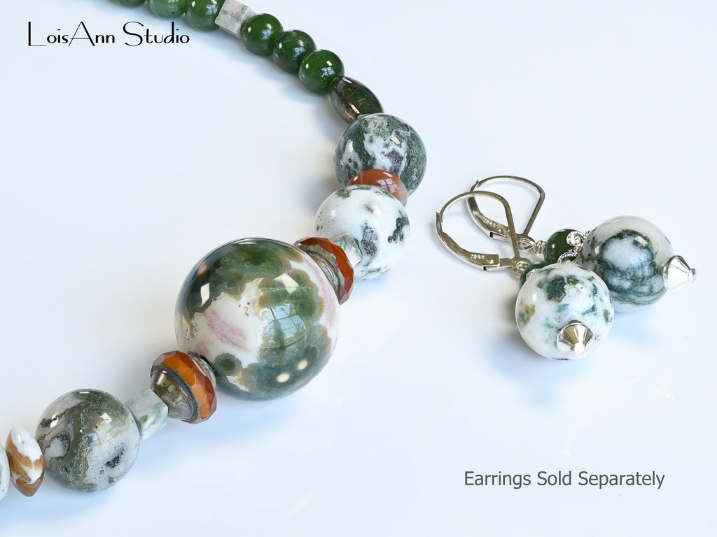 Handmade Green Gemstone Necklace and Earrings Set: Agate, Jade, Jasper