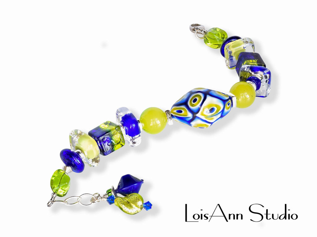 Chunky Venetian Millefiori Beaded Bracelet:  Lime Green and Cobalt Blue, Adjustable Sterling Silver