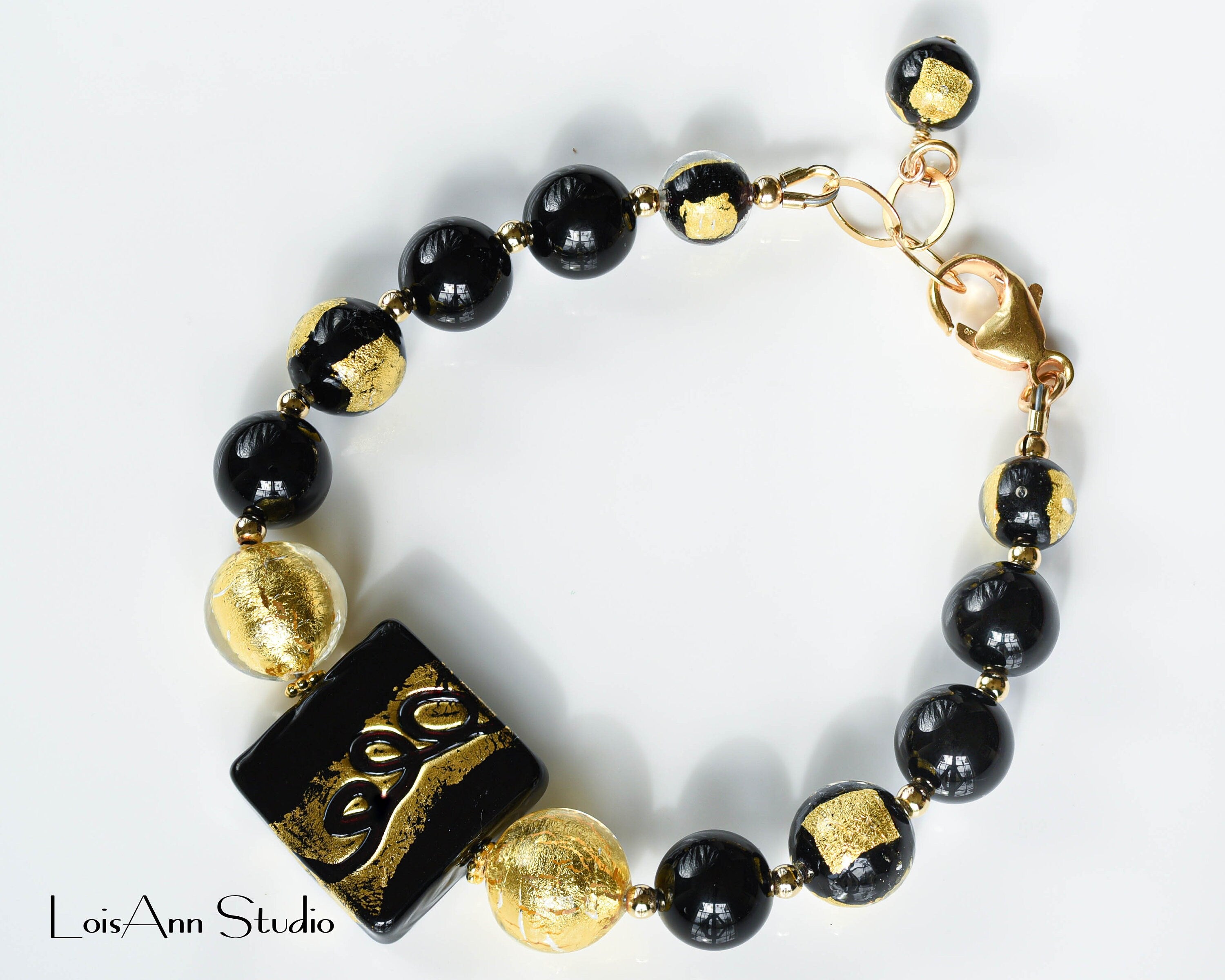 Murano Glass Bracelet, Black and Gold, 14kt Gold Filled, Adjustable