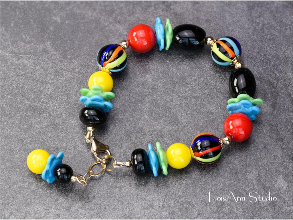 Lampwork Glass Bracelet: Multicolor Artisan Jewelry, 14kt Gold Filled