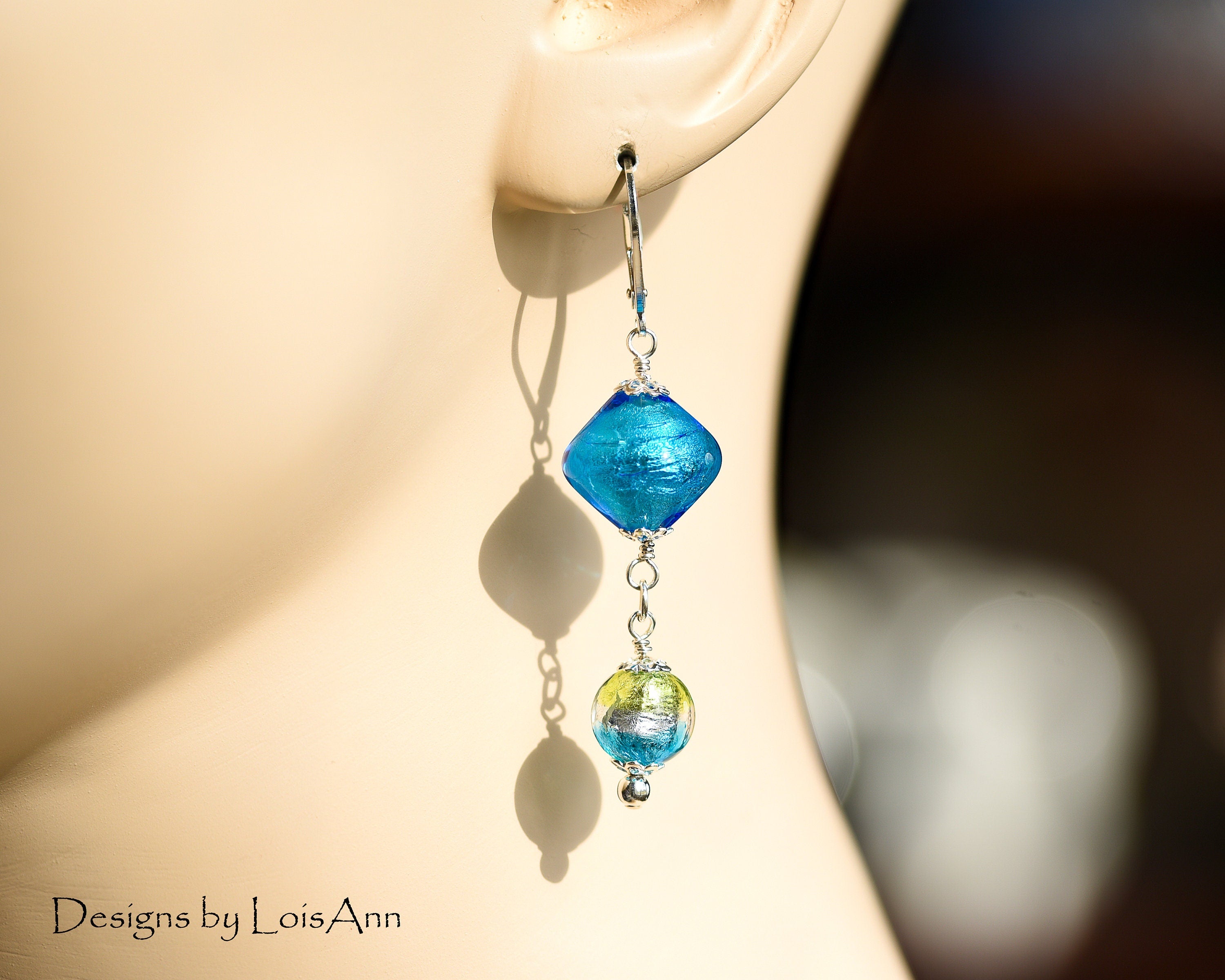 Lampwork Murano Glass Earrings: Sterling Silver, Aqua Blue & Gold