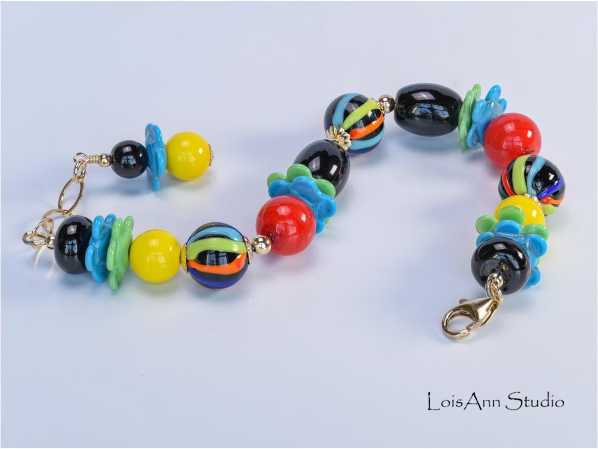 Lampwork Glass Bracelet: Multicolor Artisan Jewelry, 14kt Gold Filled