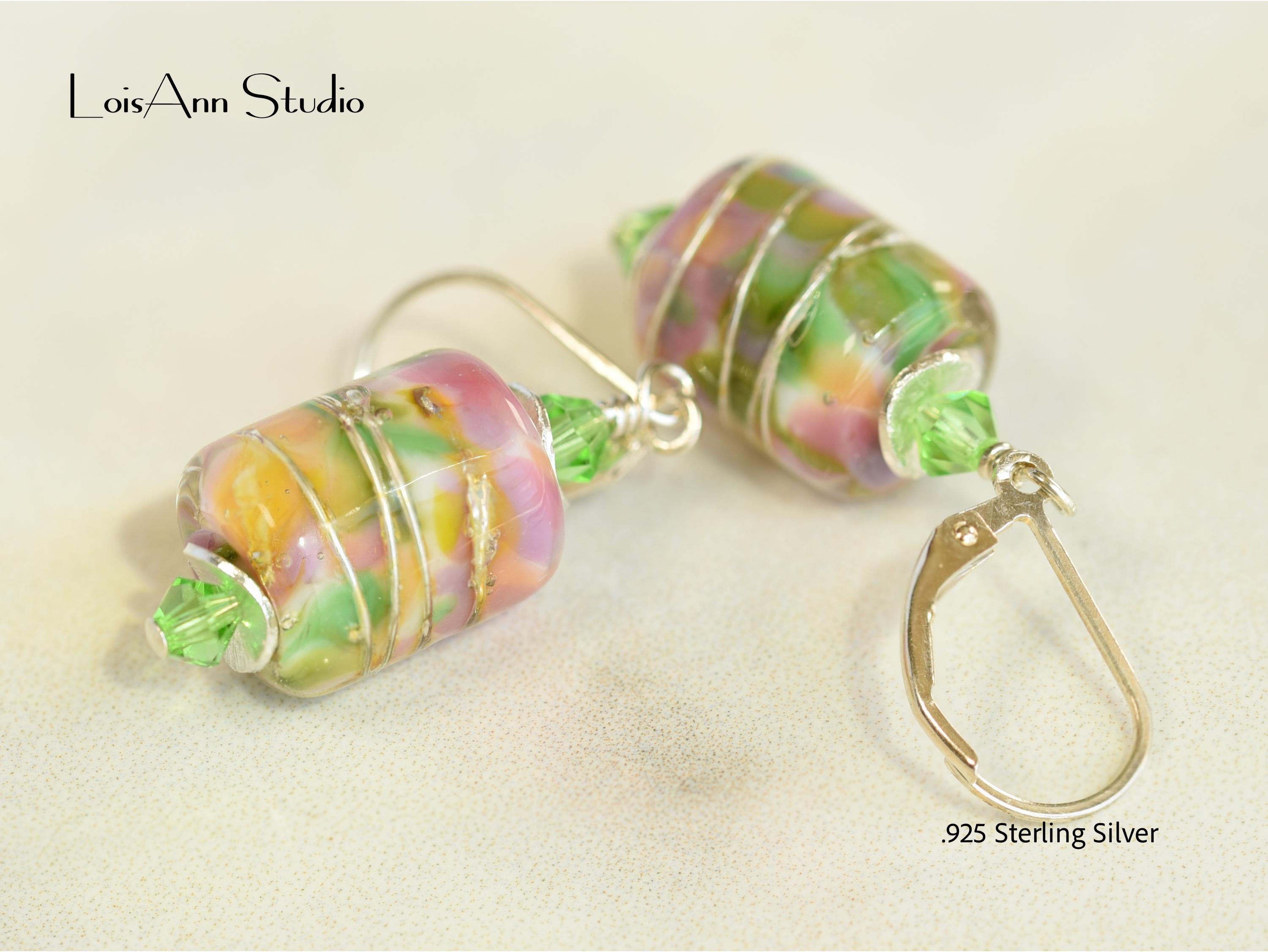 Pink & Spring Green Lampwork Earrings, Sterling Silver, Handmade